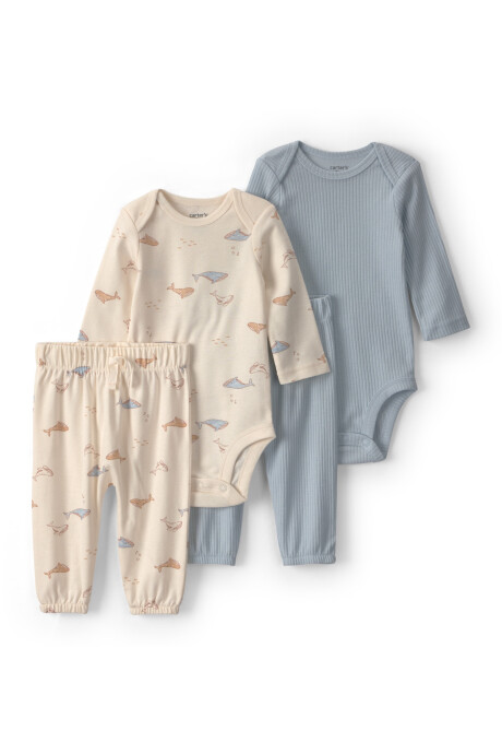 Set cuatro piezas de algodón, dos pantalones y dos bodies manga larga, azul y crema, diseño ballenas Set cuatro piezas de algodón, dos pantalones y dos bodies manga larga, azul y crema, diseño ballenas