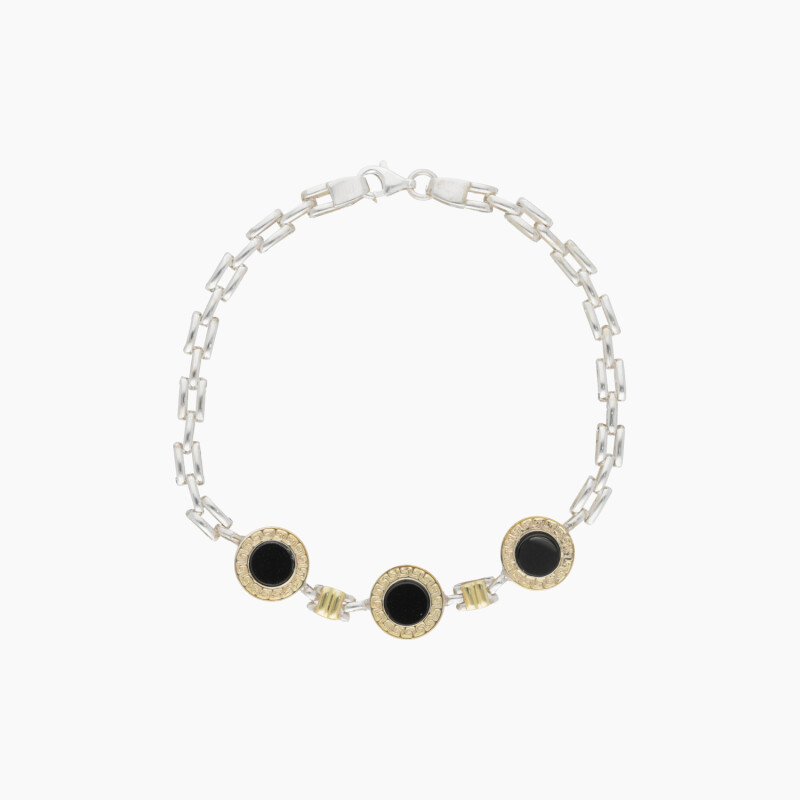 Pulsera en plata y oro estilo Pantther con diseño de guarda griega y 3 ónix Pulsera En Plata Y Oro Estilo Pantther Con Diseño De Guarda Griega Y 3 ónix
