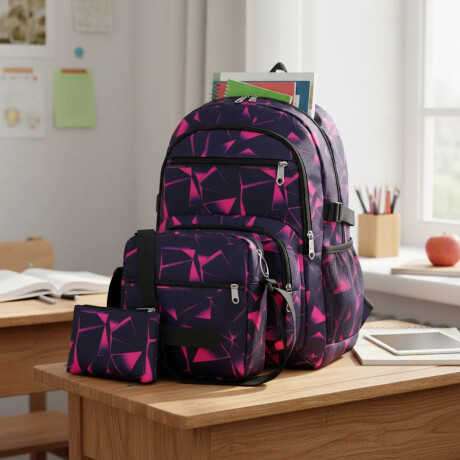 Set Mochila Bolso Monedero Alumno 3 Piezas Unisex Resistente Fucsia