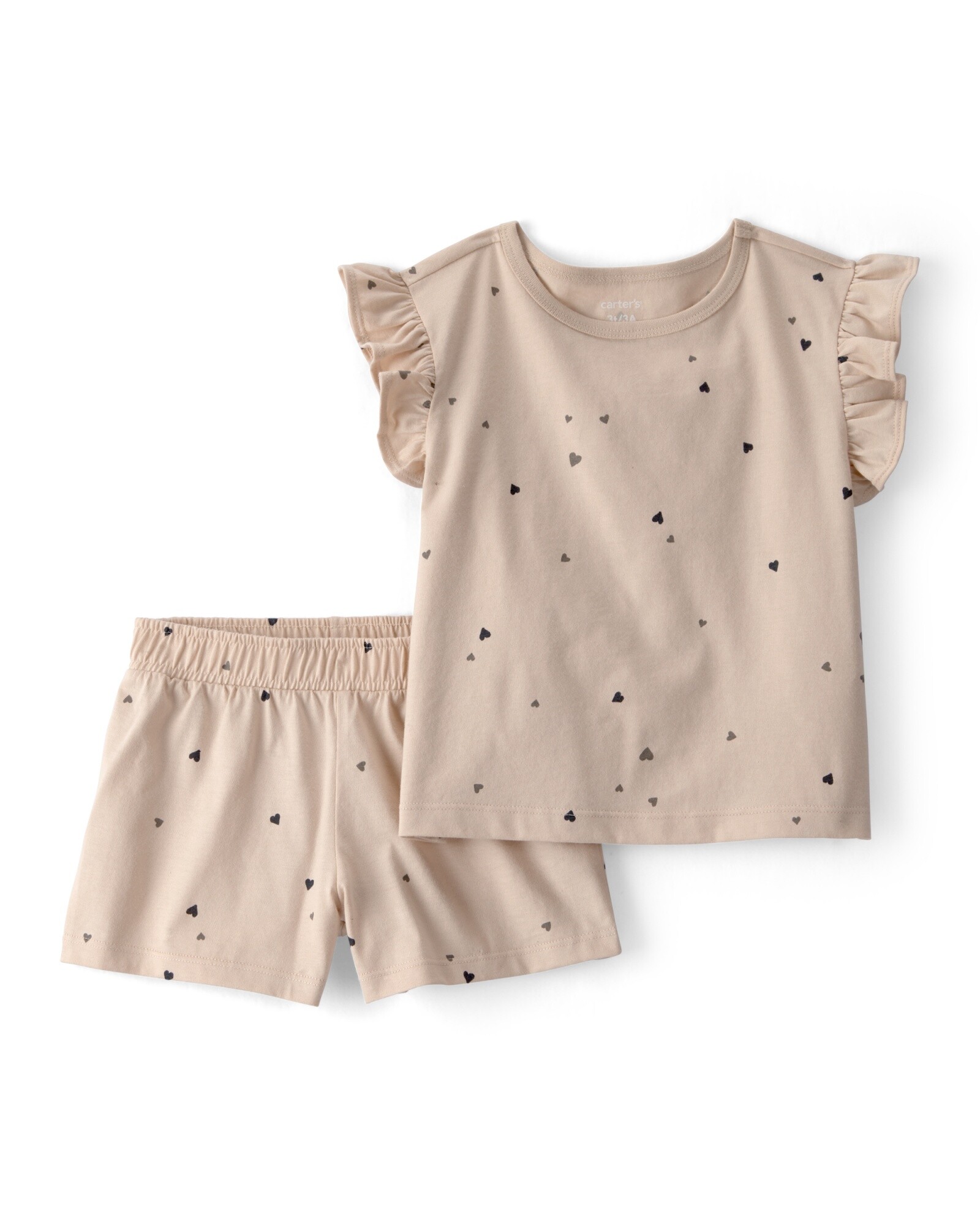 Set dos piezas de algodón, short y remera, beige, diseño corazones Sin color