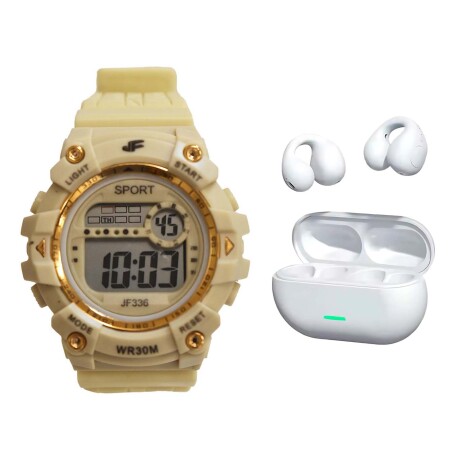 Set Reloj Deportivo Luz + Auriculares Earcuffs Inalámbricos Beige