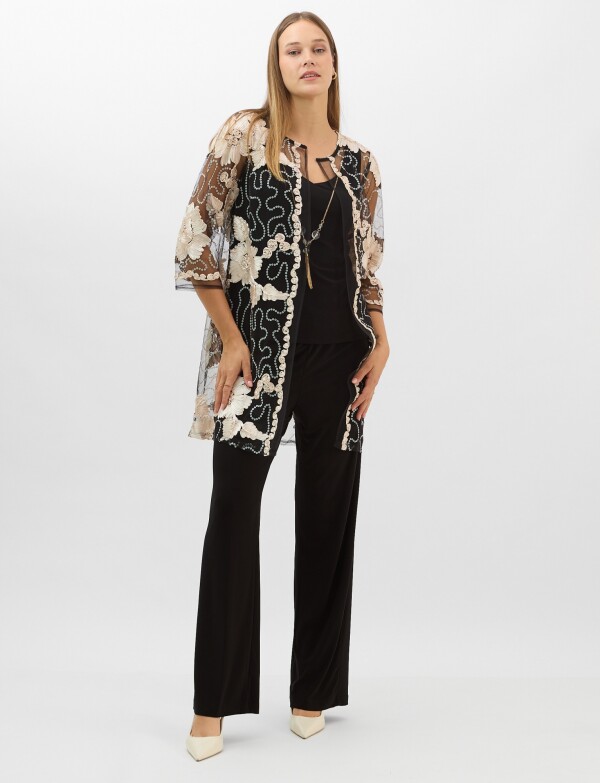 Conjunto 3 Piezas Palazzo Y Túnica De Tul Bordada NEGRO/BEIGE