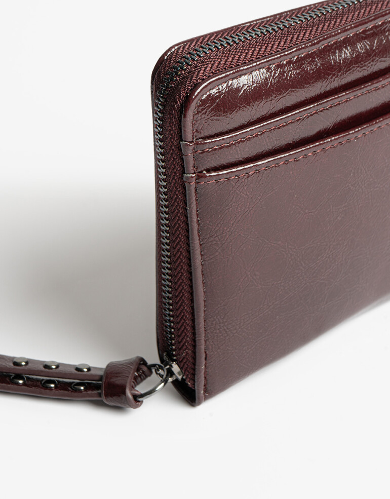 Billetera Zip Round Billetera Efecto Satinado - Rojo Burdeaux