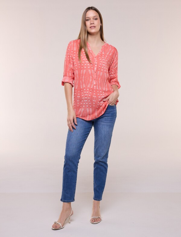 Blusa Estampada Con Escote En V Y Botones CORAL