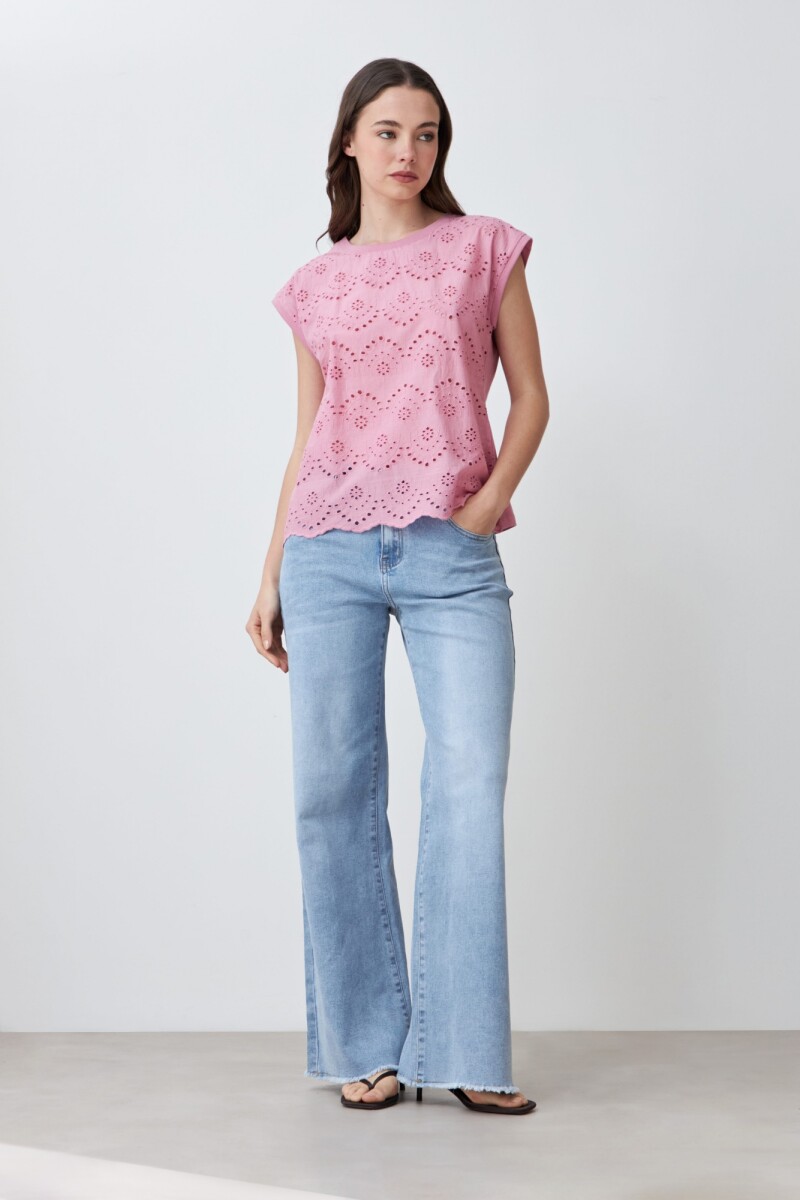 Blusa frente broderie rosa pastel
