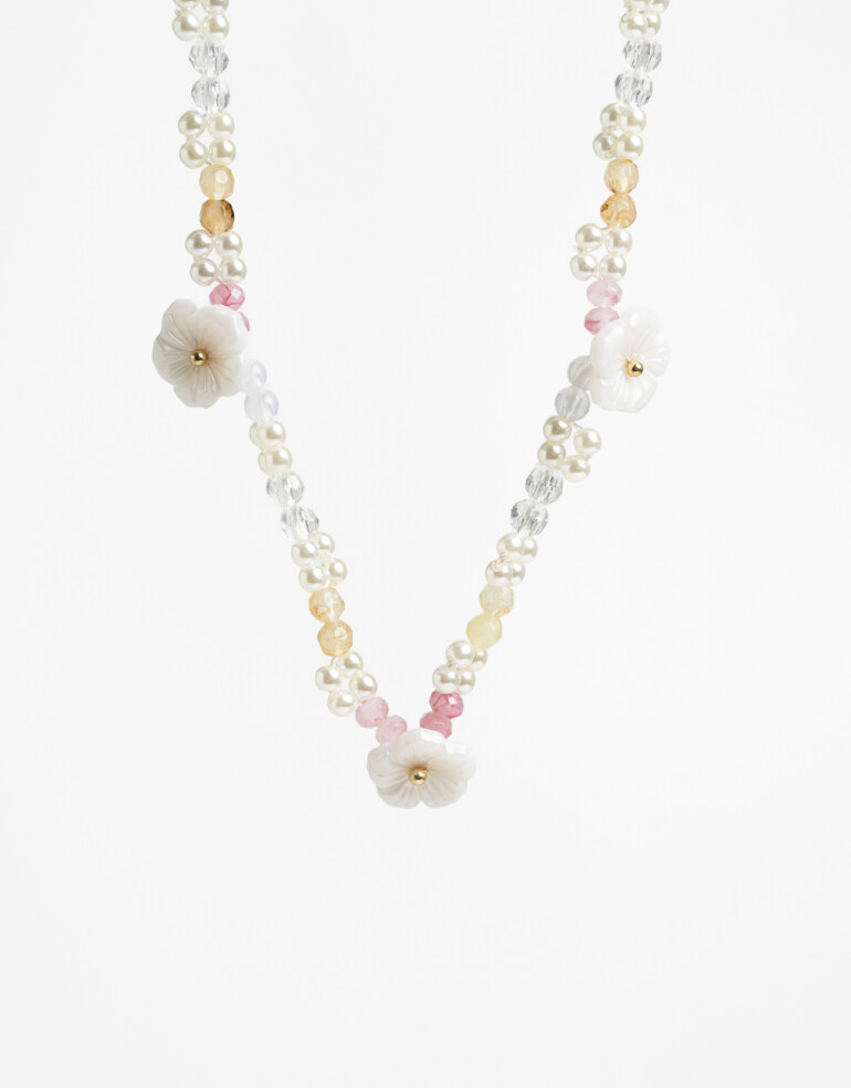 Collares Cortos Color Collar Para Niñas Perlas Y Flor - Combinacion Multicolor