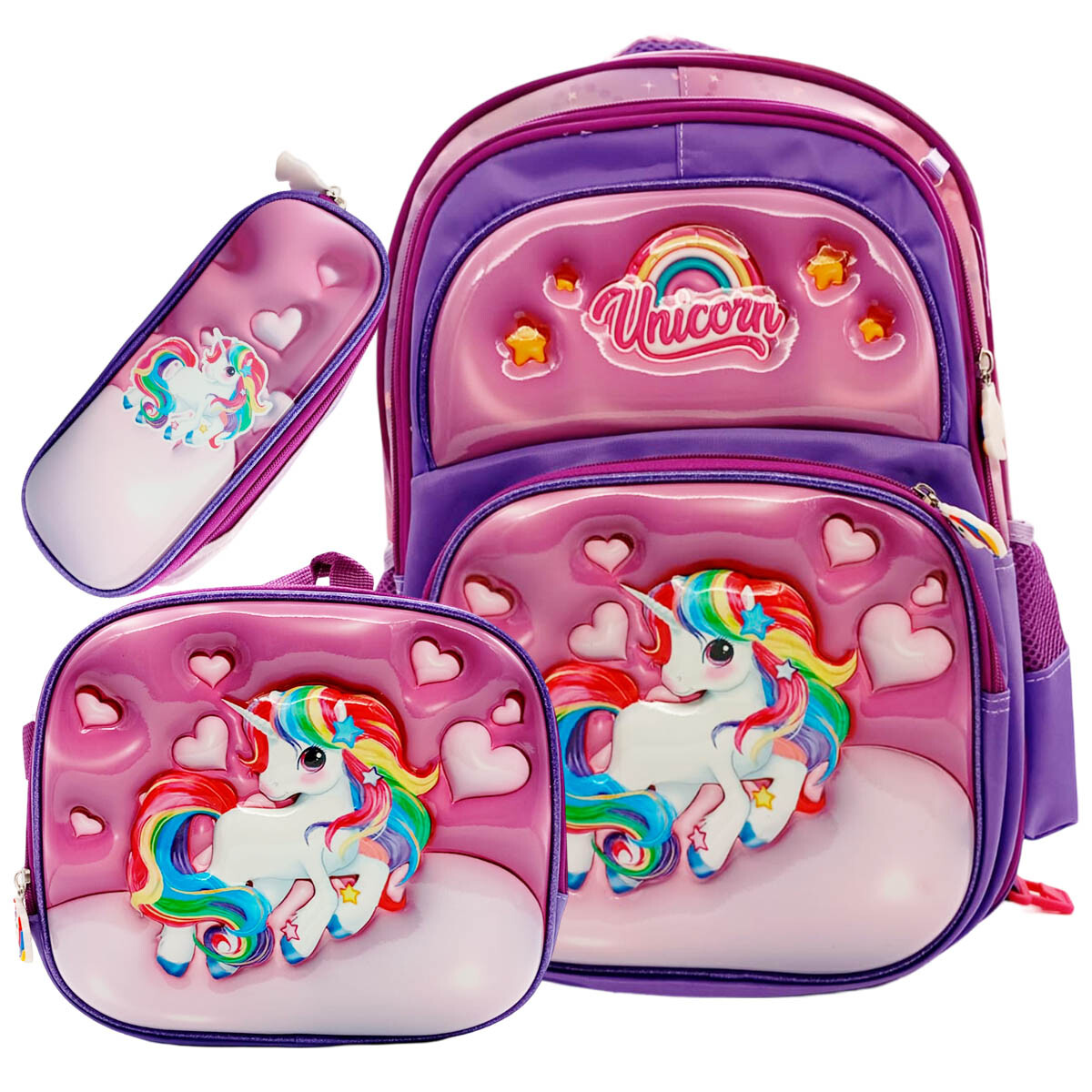 Mochila Escolar 3en1 Lunchera + Cartuchera Infantil - Unicornio 
