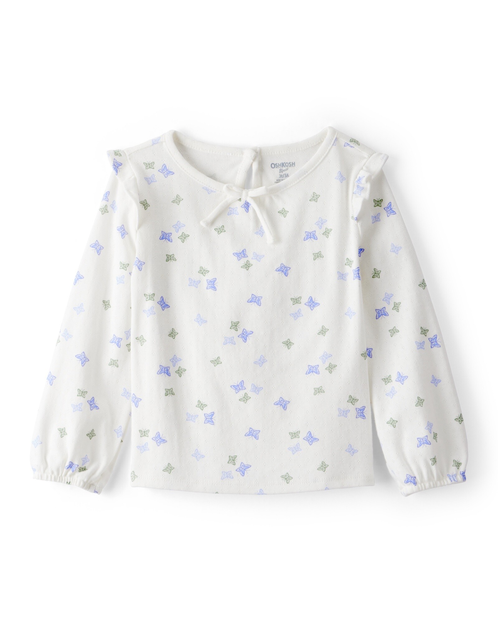 Blusa de algodón, manga larga, color marfil, diseño mariposas Sin color