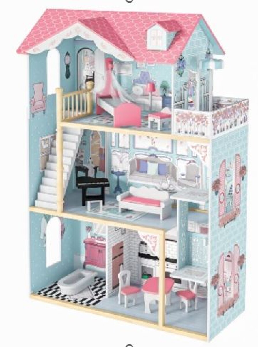 CASA DE MUÑECAS EN MADERA CON MUEBLES CELESTE 