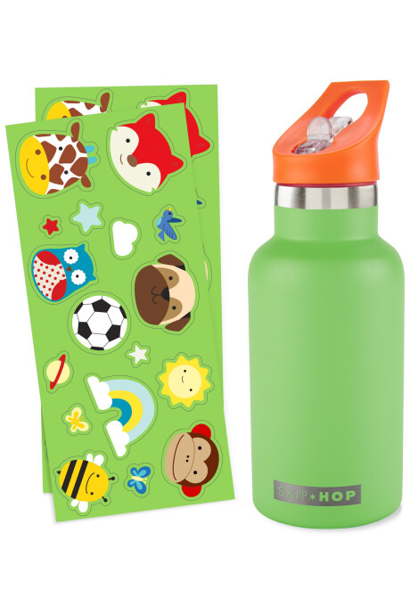 Botella de acero inoxidable con sorbito y stickers, verde Botella de acero inoxidable con sorbito y stickers, verde