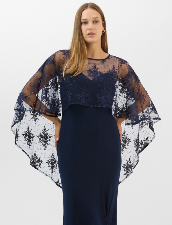 Vestido Maxi Con Capa Bordada AZUL