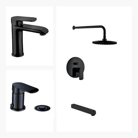 Juego Completo De Griferia Para Baño, Incluye Lavatorio Bajo Apertura En Frio, Bidet Y Ducha De Embutir, Negro Mate, Linea Alass GAMAS DE NEGRO