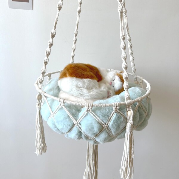 Cama Aerea Colgante Elevada Gato Tejida Almohadon Hamaca Variante Color Marron