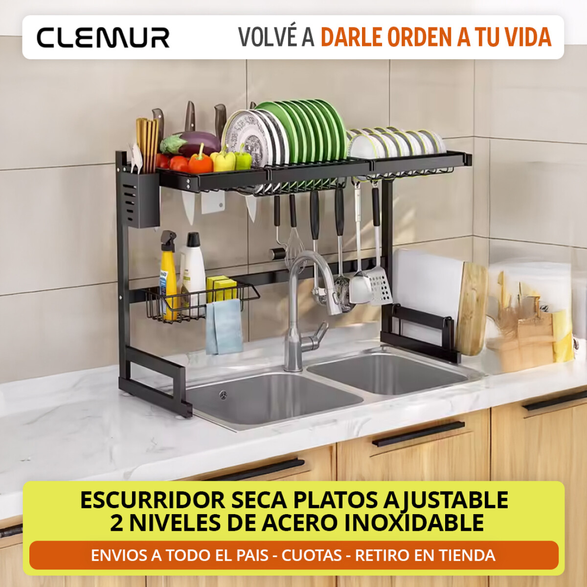 Escurridor de Platos de Cocina Sobre Pileta Escurreplatos de 85 cm Dos Niveles Negro 