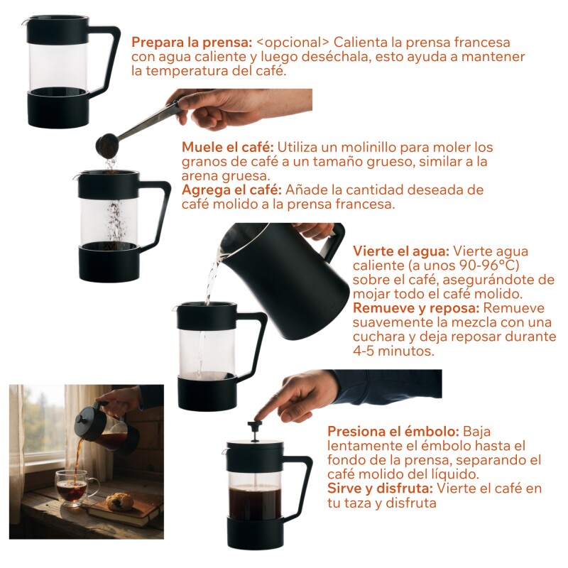 Cafetera Prensa Francesa Borosilicato 600 Ml Filtro Acero Inox 304 Negro