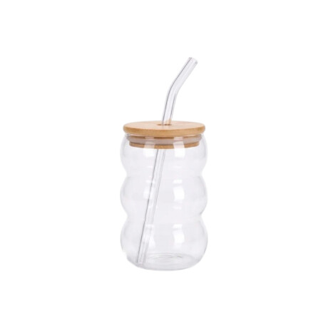 Vaso de vidrio ondeado con tapa de madera y sorbito 500ml Transparente