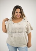 Blusa 100% lino Con strass bordado y lentejuelas Beige