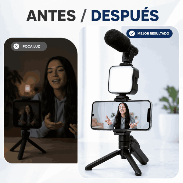 Kit de Grabación para Celular con Trípode Luz LED y Micrófono Negro
