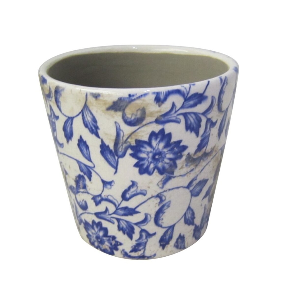 MACETA CERAMICA 14X14X13CM FLORES HOJAS AZUL 