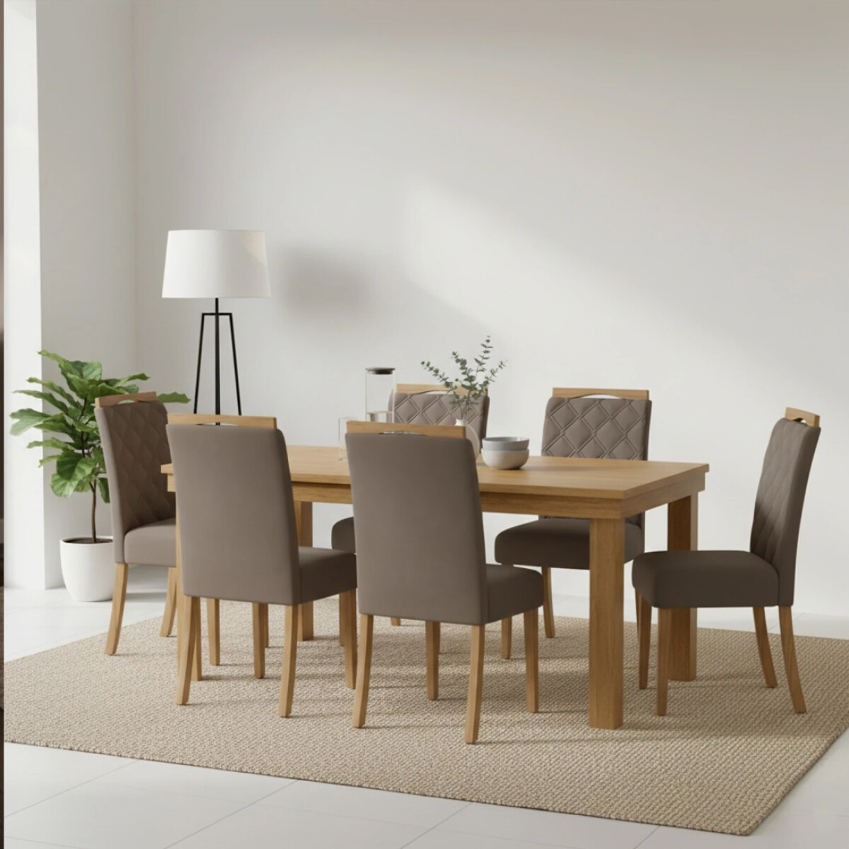JUEGO DE COMEDOR MESA EN MADERA MACIZA Y 6 SILLAS TAPIZADAS 