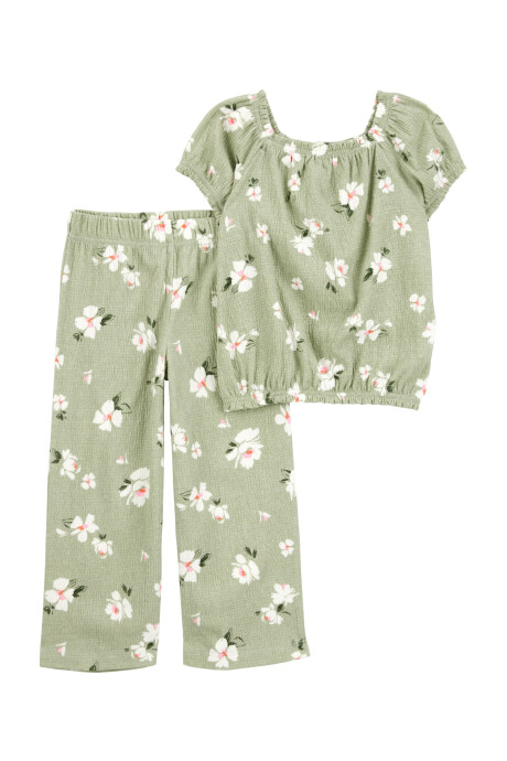 Set dos piezas de jersey arrugado, pantalón y blusa, diseño floral Sin color
