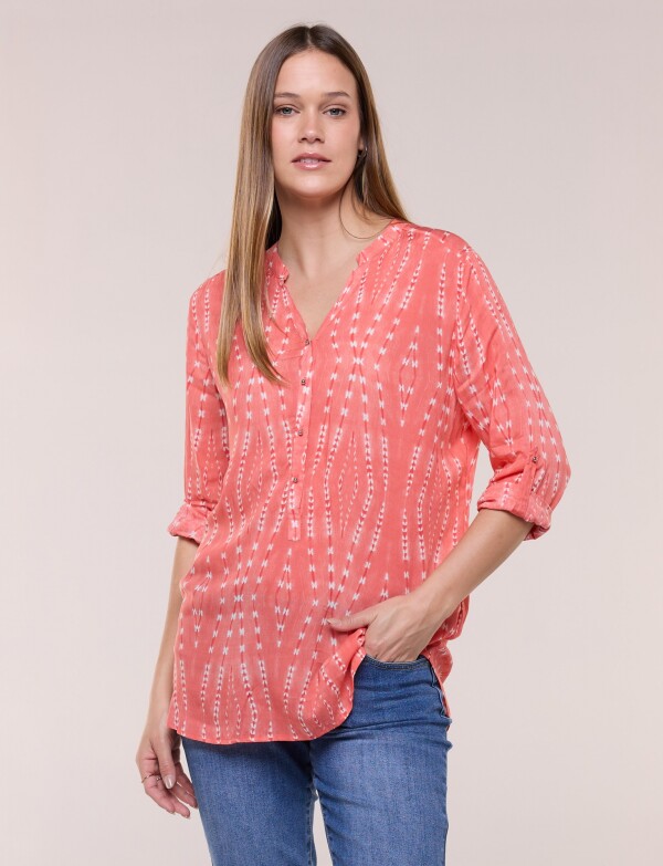 Blusa Estampada Con Escote En V Y Botones CORAL
