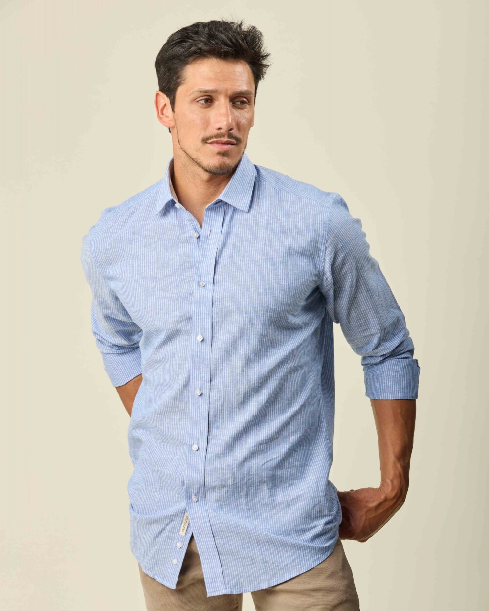 Camisa Lino Algodón Manga Larga Celeste Rayas