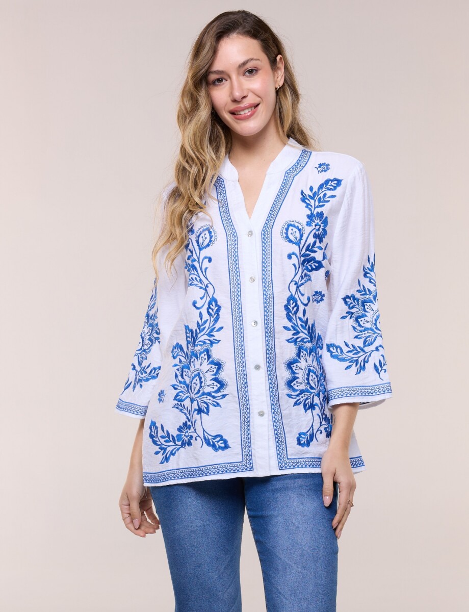 Blusa Bordado Floral - Blanco/azul 