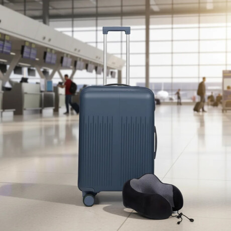 Set Valija Mediana Rigida + Almohadón Cervical Memoria Negro Azul