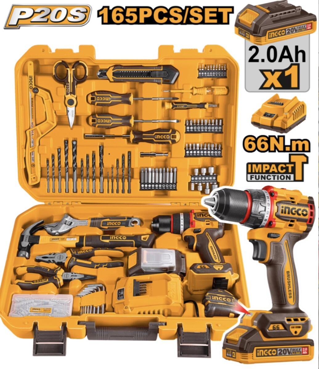 KIT ATORNILLADOR PERCUTOR 20V (CIDLI20035) EN VALIJA C/BAT Y CARGADOR + 165 HERRAMIENTAS INGCO - HKTHP11651 