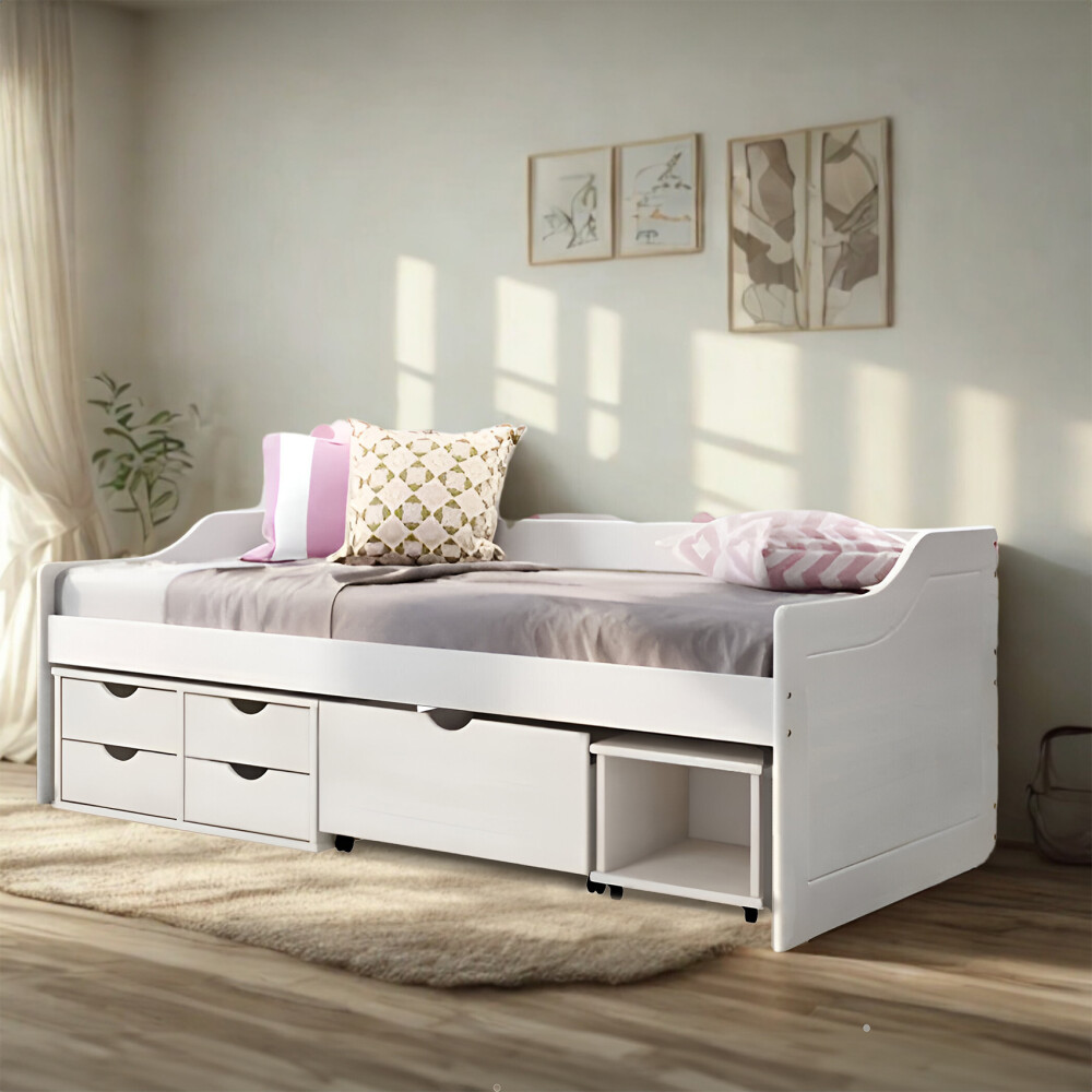 Cama Madera Maciza Con Cajones - 1 plaza - Linea Floro / Funcional Blanco