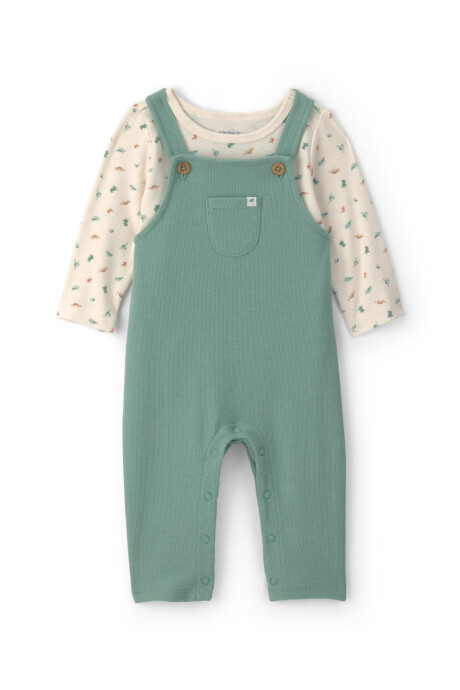 Set dos piezas de algodón, enterito y remera, verde y crema, diseño dinos Set dos piezas de algodón, enterito y remera, verde y crema, diseño dinos