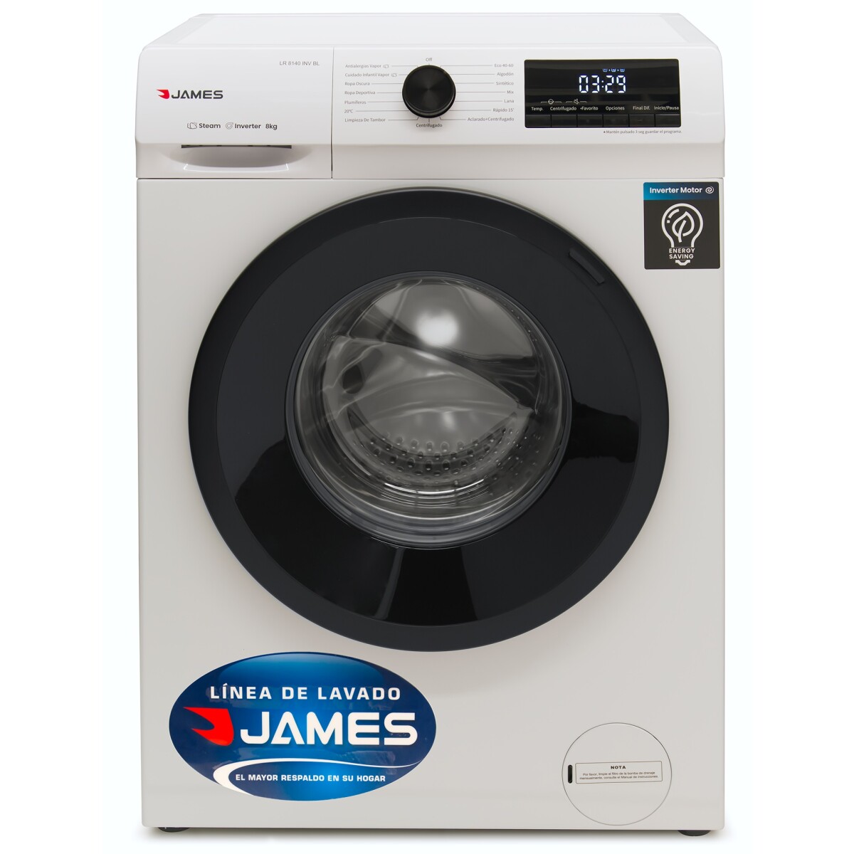 Lavarropas 8 kg carga frontal James LR 8140 Blanco Inverter 