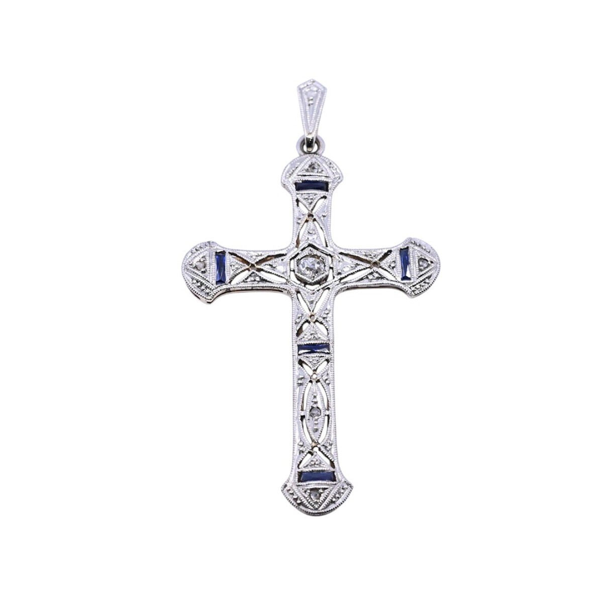 Cruz antigua oro 18 k con brillantes, zafiros sintéticos y diamantes. 