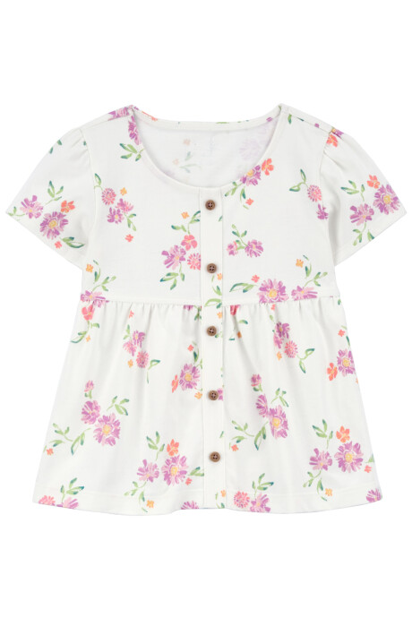 Blusa de algodón, manga corta, diseño floral Sin color