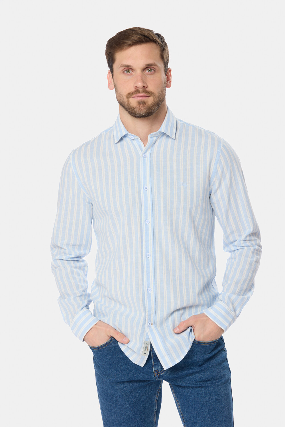 CAMISA RAYADA DE LINO Celeste