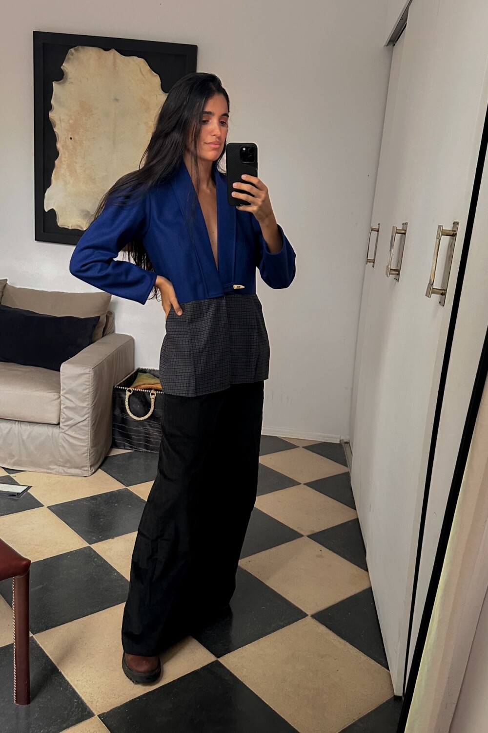 Blazer Office Lana Azul / Tweed Gris