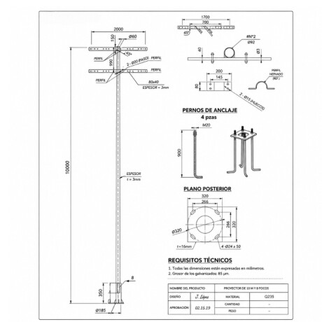 Columna Deportiva con Rack para 8 Focos 10mt Columna Deportiva con Rack para 8 Focos 10mt