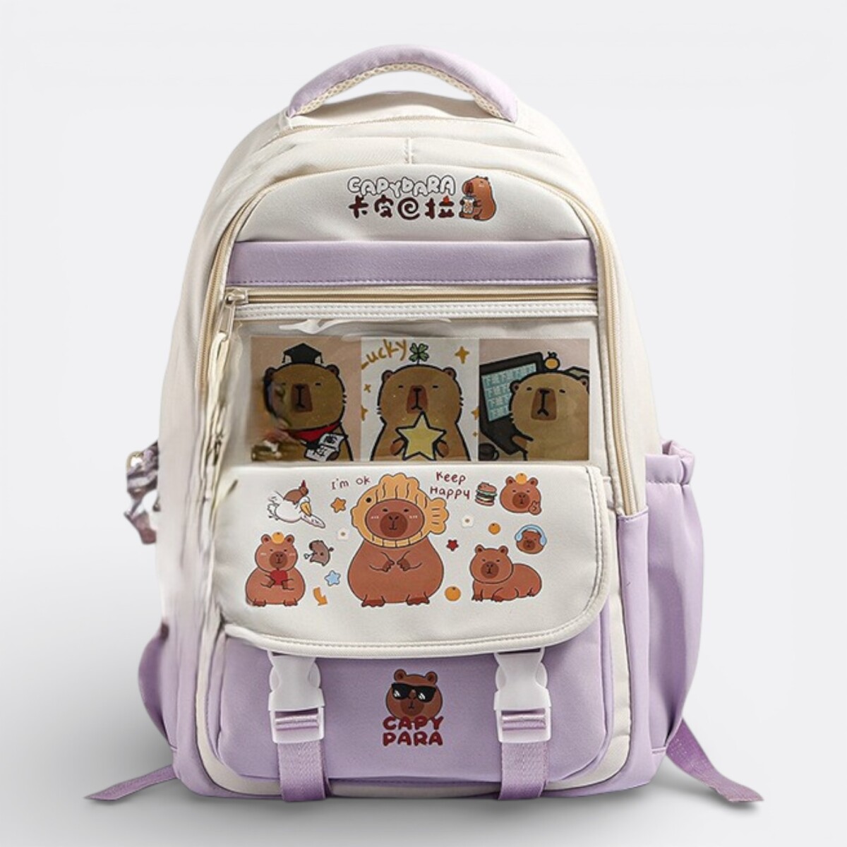 Mochila Capibara Doble Cierre Colores Pastel - Lila 