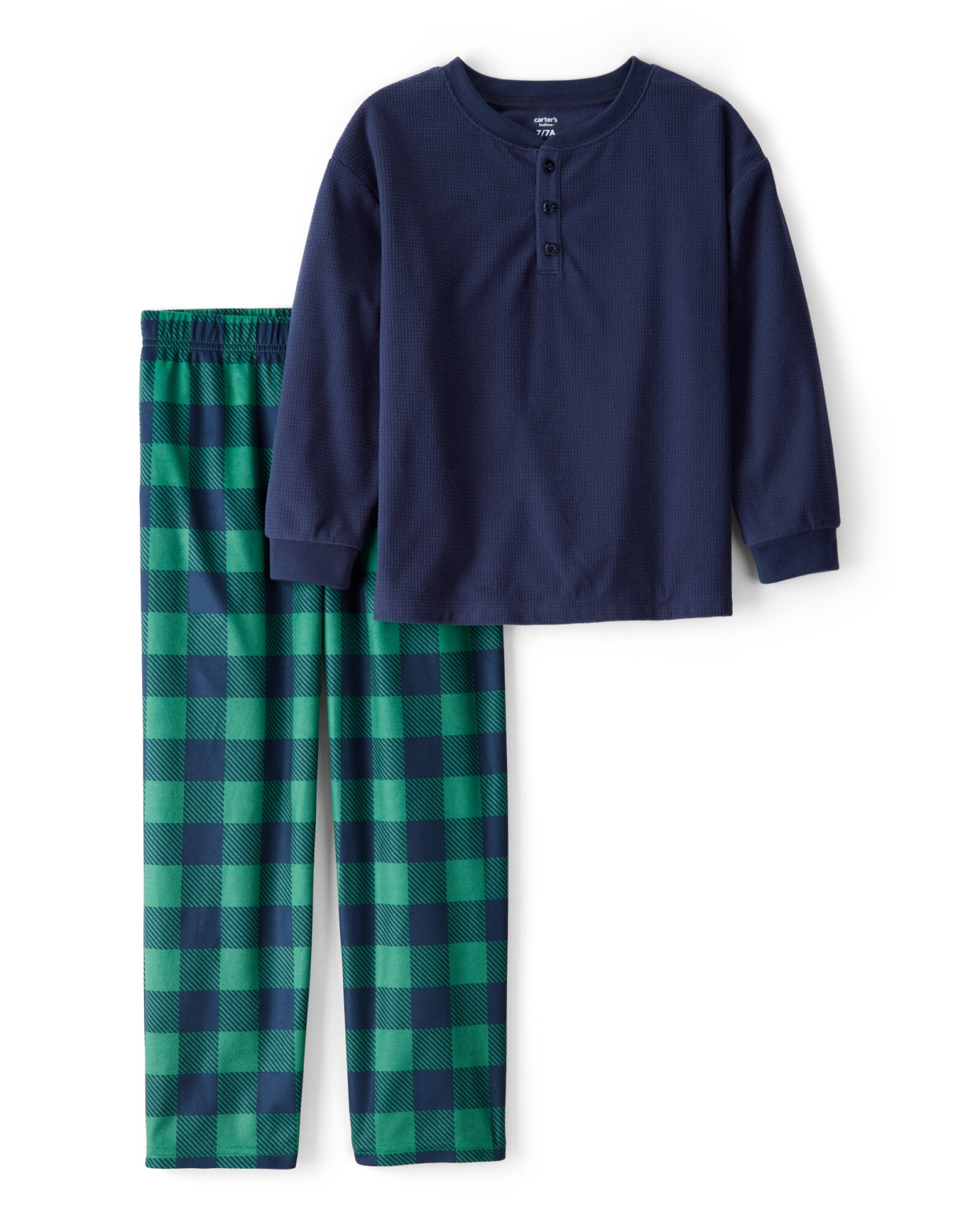 Pijama dos piezas de poliéster, remera henley azul y pantalón a cuadros Sin color