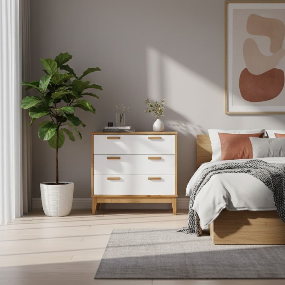 MESA DE LUZ O NOCHE 3 CAJONES EN MADERA MACIZA BLANCO