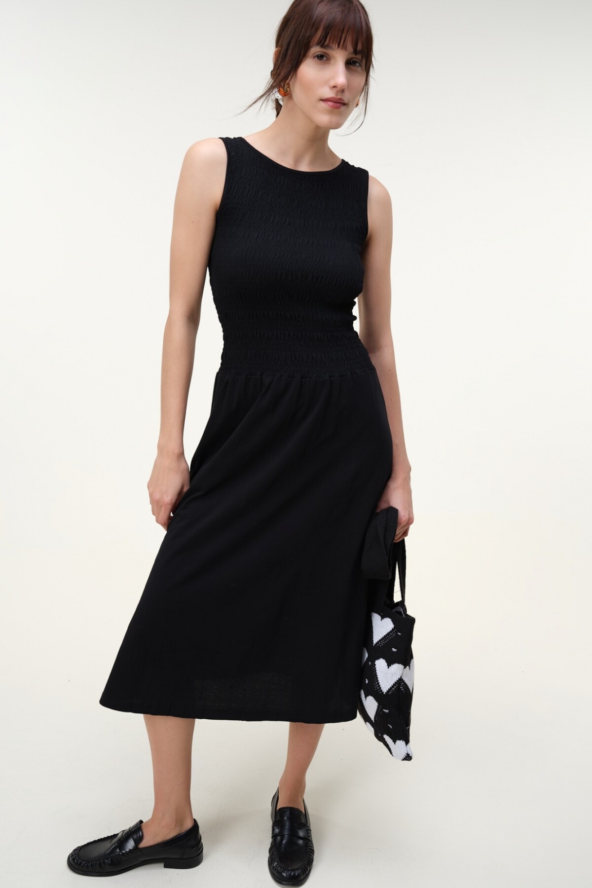 Vestido Frunces Algodón Negro