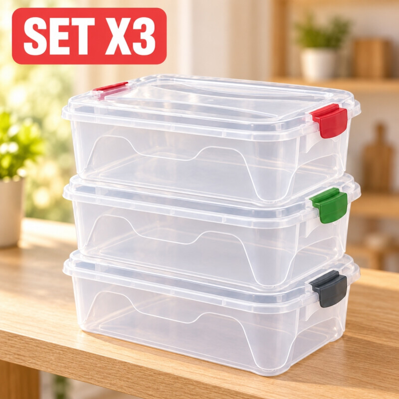 Set x3 Caja organizadora 6 lts de plástico reforzada TRANSPARENTE