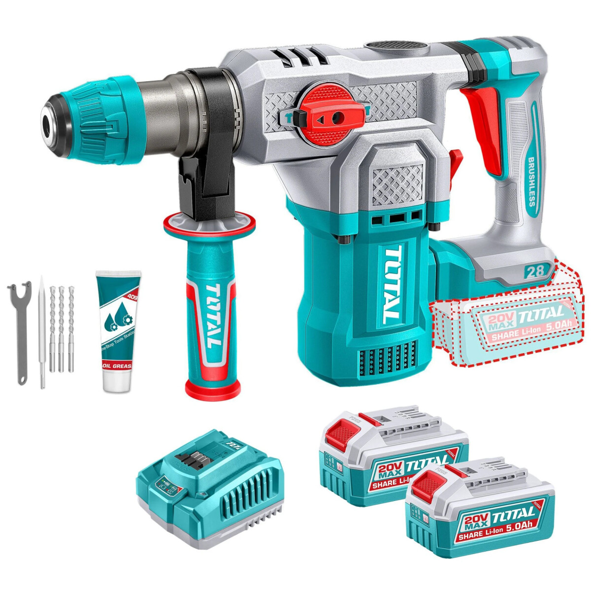 Rotomartillo 20v 28mm 4,5J Sin Carbones Con 2 Baterias 5Ah + Cargador Rapido Total TRHLI202862 