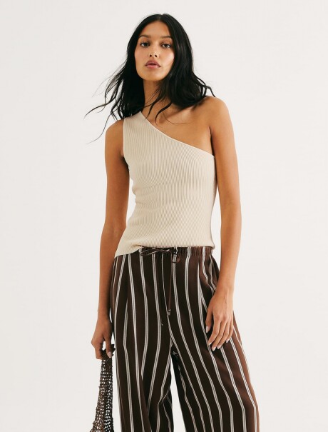 CAMISETA SIN MANGAS DE UN SOLO HOMBRO ACANALADA BEIGE