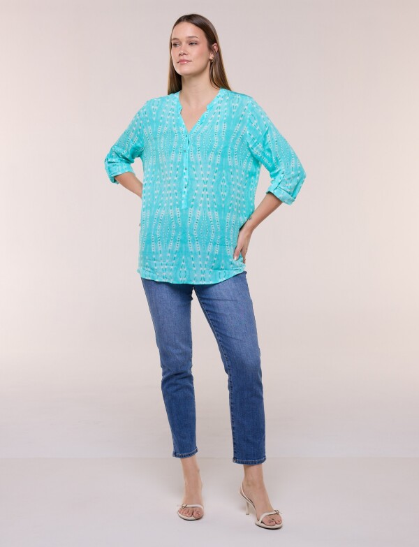 Blusa Estampada Con Escote En V Y Botones VERDE AGUA