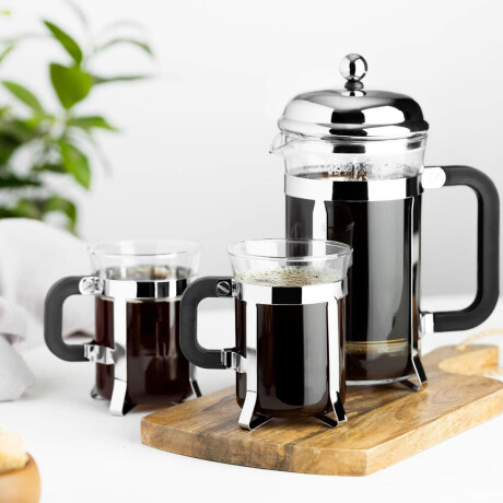 Set Cafetera Tetera Francesa 1L + 6 Tazas 200Ml Acero Vidrio Plateado