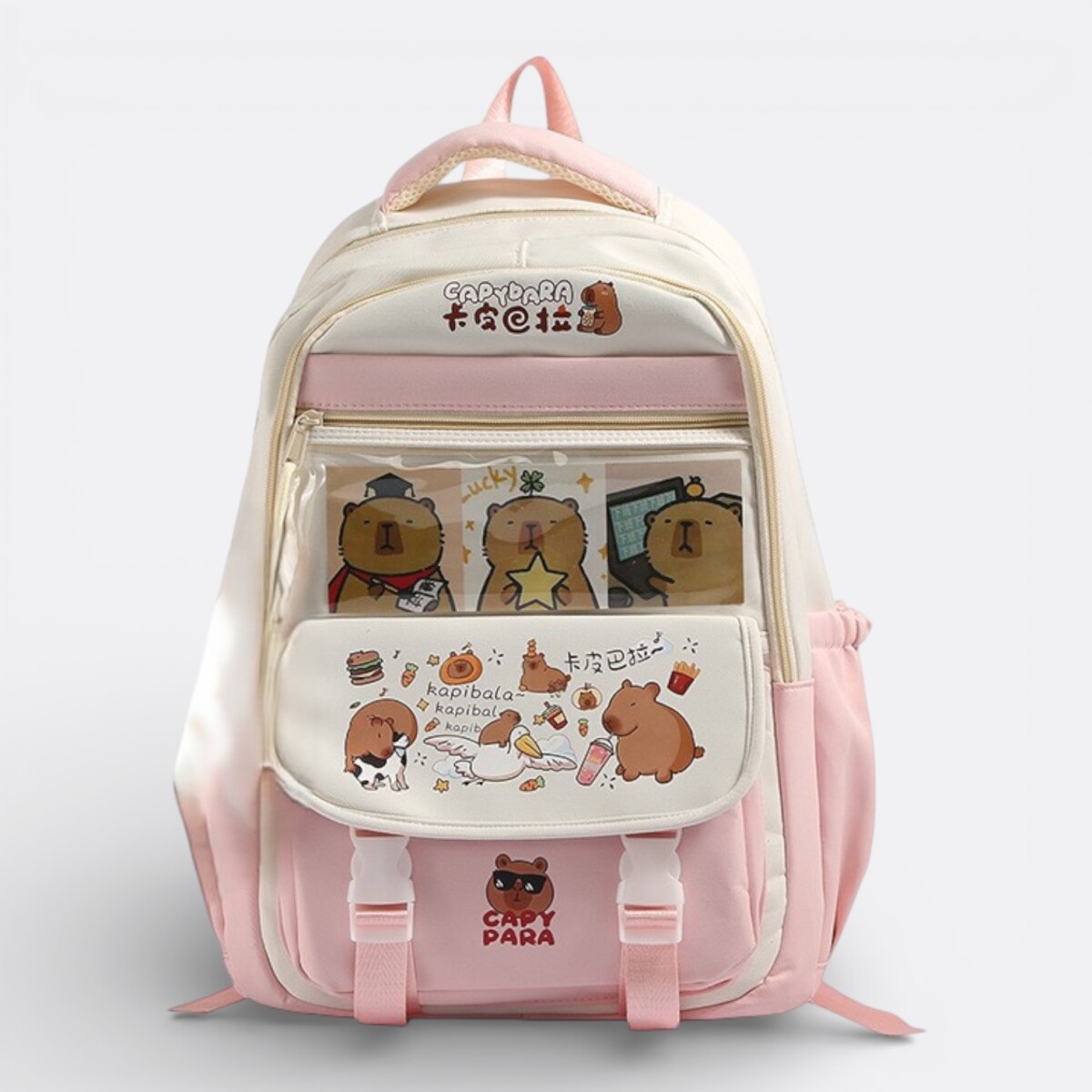 Mochila Capibara Doble Cierre Colores Pastel - Rosa 