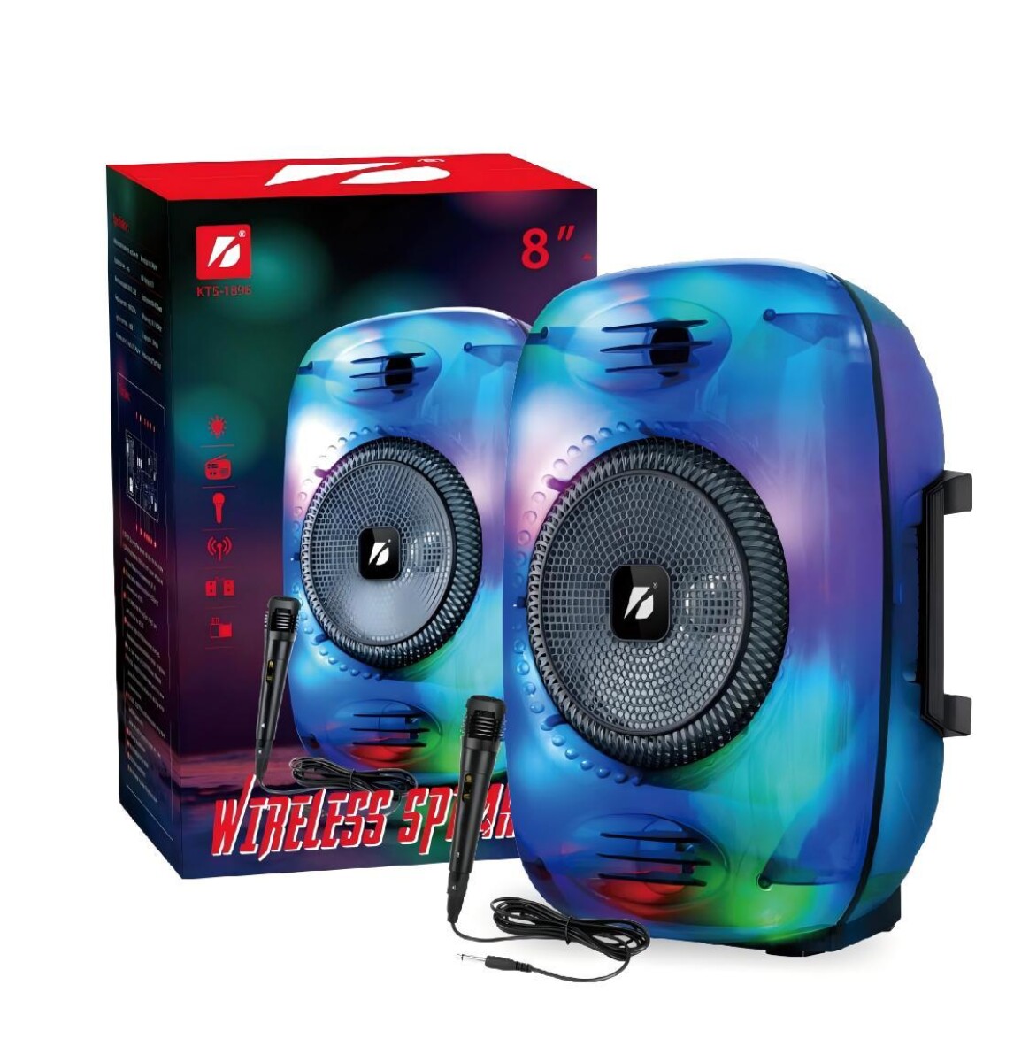 PARLANTE TORRE BLUETOOTH KTS1896 8" LUCES LED CON MICRÓFONO Y CONTROL 