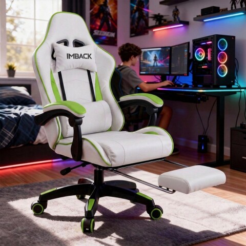 Silla Gamer Ergonomica Escritorio Reclinable con Apoyapies Soporta 200kg IMBACK Color Blanco y Verde Silla Gamer Ergonomica Escritorio Reclinable con Apoyapies Soporta 200kg IMBACK Color Blanco y Verde